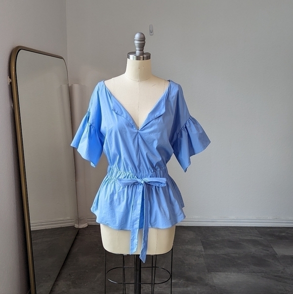 Milly Vivian Stretch Poplin Ruffle Sleeve Peplum Top Blue S cottagecore summer - Picture 2 of 13